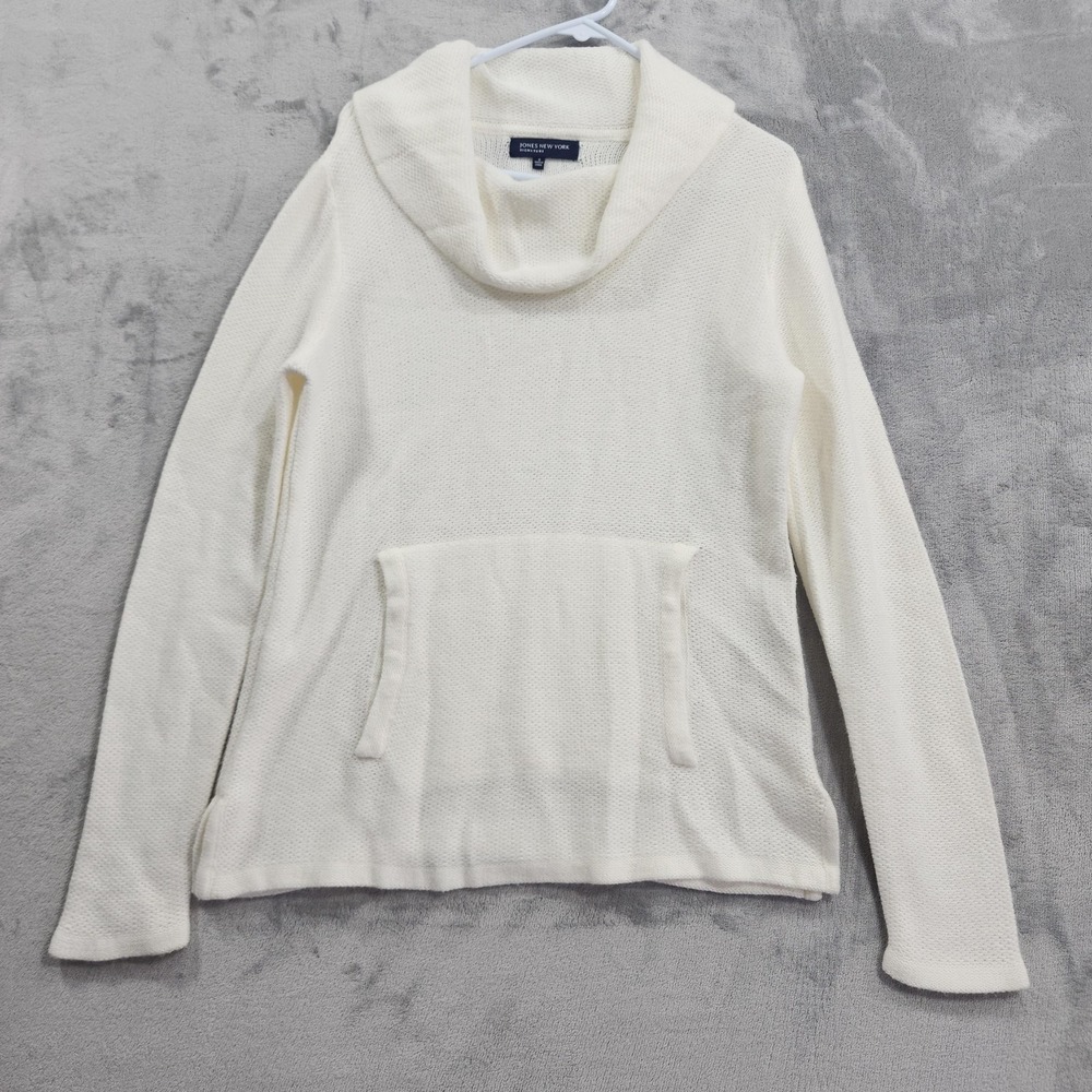 Jones New York Sweater Womens S White Cowl Neck Stretch Knit Pocket Pullover